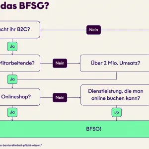 Wenn ein Unternehmen im B2C-Bereich tätig ist, folgt die Frage, ob mehr als 10 Mitarbeitende beschäftigt sind. Ist das nicht der Fall, wird geprüft, ob der Umsatz über 2 Millionen Euro liegt. Wenn beide Kriterien nicht zutreffen, gilt das Gesetz nicht. Trifft mindestens eines zu, wird weiter gefragt, ob ein Onlineshop besteht oder eine Dienstleistung angeboten wird, die online buchbar ist. Ist eine dieser Bedingungen erfüllt, gilt das BFSG. Andernfalls besteht keine Verpflichtung. Quelle: gehirngerecht.digital