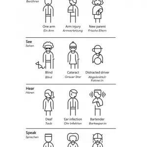Illustration zur Verdeutlichung verschiedener beispielhafter Arten von Behinderungen und Einschränkungen in den vier Kategorien Berühren (Touch), Sehen (See), Hören (Hear) und Sprechen (Speak), jeweils unterteilt in Permanent, Temporär und Situationsbedingt. Auflistung der Kategorien: 1. Berühren: Permanent: Ein Arm, Temporär: Armverletzung, Situationsbedingt: Frische Eltern; 2. Sehen: Permanent: Blind, Temporär: Grauer Star, Situationsbedingt: Abgelenkte/r Fahrer:in; 3. Hören: Permanent: Taub, Temporär: Ohr Infektion, Situationsbedingt: Barkeeper:in; 4. Sprechen: Permanent: Non verbal, Temporär: Kehlkopfentzündung, Situationsbedingt: Starker Akzent; Quelle ist „https://inclusive.microsoft.design/”.