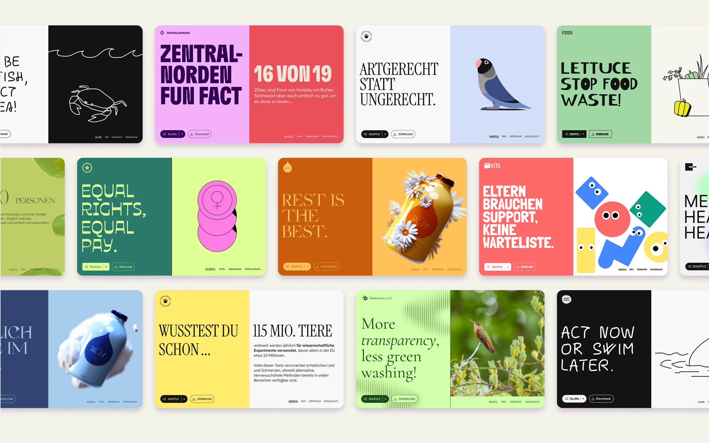 Colorful variants of the two-part Impact-O-Mat desktop screen, a mix of brands and messages that take a stance on important issues or represent facts