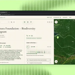 Die Einzelseite eines Projekts zeigt eine Karte zur Verortung und Projektspezifische Details, wie die Kategoriesierung des Projekttyps, ein Beschreibungstext und dem Projekt zugehörige Bild- und Audiodaten.