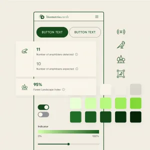 The design of the dashboard consists of beige backgrounds and dark green text, in serif and sans serif fonts, combined with minimalist rounded line icons, rounded interface elements such as buttons and an extended color palette of light green hues.