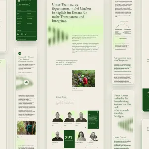 Website Screens zeigen die minimalistische und durch Editorial-Design inspirierte Gestaltung, der Interface Elemente und des Layouts auf beigem Hintergrund