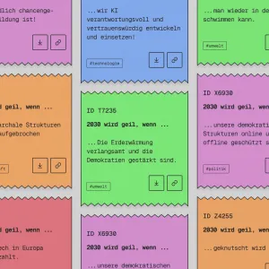 Bunte Ausstellungskarten mit verschiedenen Themen, angeordnet in einem Mosaik-Layout mit rosa, orange, grünen und blauen Feldern. Jede Karte enthält Überschriften, kurze Texte und kleine Symbole zur Navigation der Ausstellung.