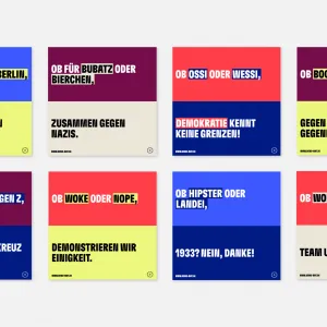 Eine Sammlung an generierten Demo-Mat Botschaften zeigt Farbvielfalt in ihrer Zusammenstellung. Dunkelrot, Rot, Dunkelblau, Blau, Gelb und Beige bilden die Hintergrundfarben aus denen sich die farbenfrohen Screens zusammensetzen.