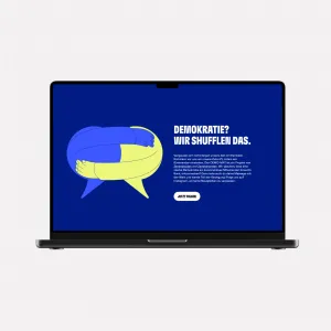 Screen of the Demo-Mat info page with an illustration of two hugging speech bubbles, a paragraph of text and the headline: Democracy? We shuffle that.