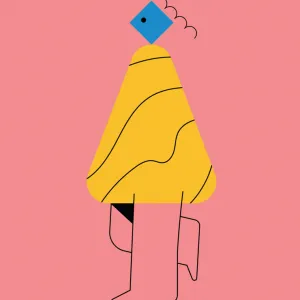 Character design of a person, made of geometric shapes, with line elements as legs and hair