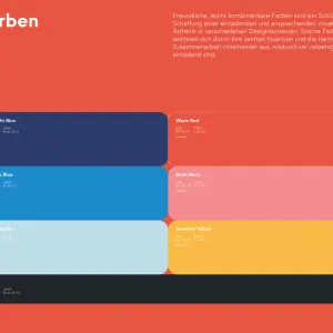 Übersicht der Farbzusammenstellung, für das Kalender-Layout und die Gestalterischen Elemente, bestehend aus drei Blau-Abstufungen, Rosa, Rot, Gelb und Schwarz