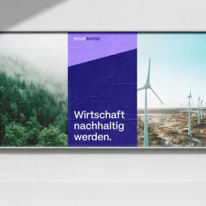 Large-format billboard in the econsense design, using corporate colors, featuring the headlines “Looking ahead together.”, “Making the economy sustainable.”, and “Achieving great things together.”