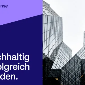 Key visual in econsense branding in blue and violet tones, with an architectural motif and the headline “Achieving sustainable success.”