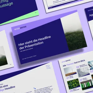 Presentation layouts in the econsense design in blue and violet tones, featuring modular content and sample text such as “This is where the presentation headline comes.”
