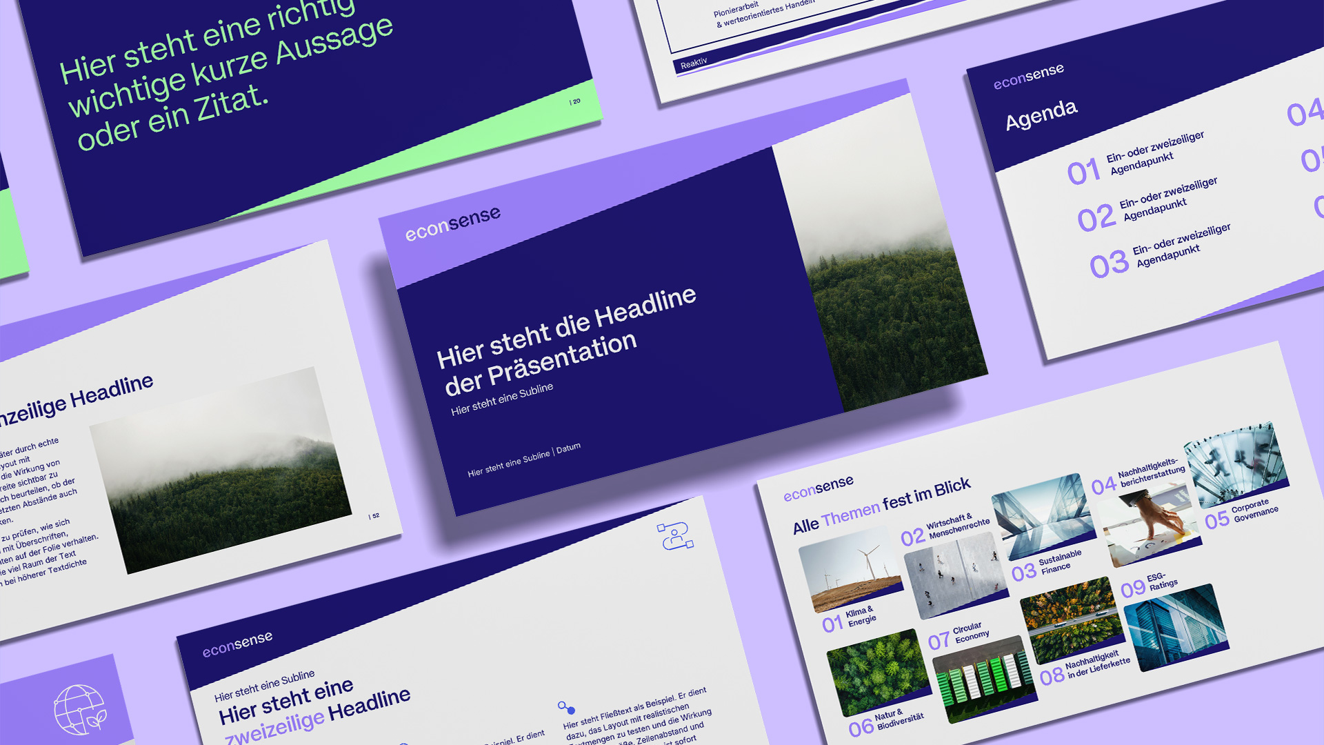 Präsentationslayouts im econsense Design in Blau- und Violetttönen mit modularen Inhalten und Beispieltexten wie „Hier steht die Headline der Präsentation“.