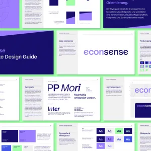 Overview of the corporate design guide in blue, violet, and green tones, featuring the logo, color palette, typography, and the title “econsense Corporate Design Guide.”
