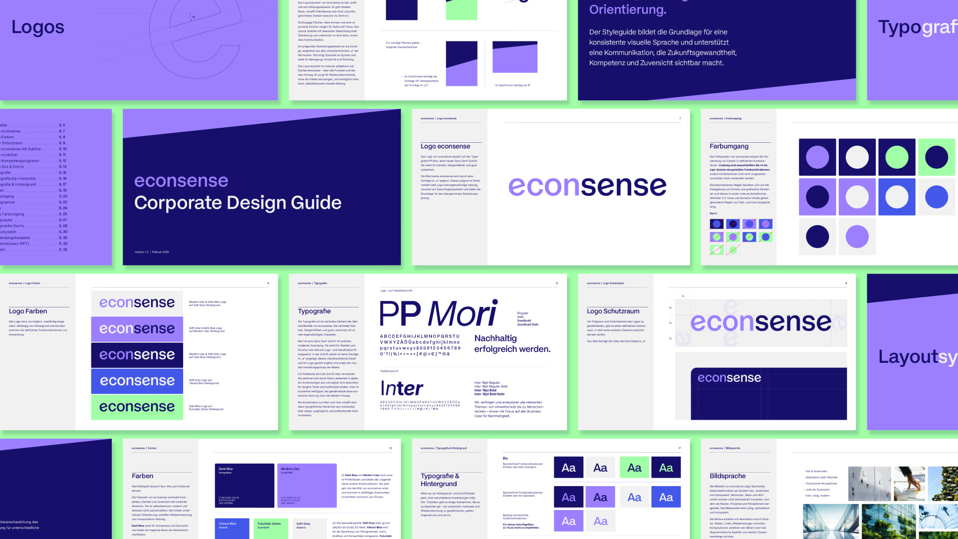 Übersicht des Corporate Design Guides in Blau-, Violett- und Grüntönen mit Logo, Farbwelt, Typografie und dem Titel econsense Corporate Design Guide.