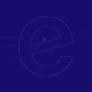 Grafische Konstruktion des econsense Logos in hellen Linien auf dunkelblauem Hintergrund mit geometrischen Hilfslinien und Winkelangabe.