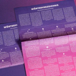 Glossary as an insert for the catalog, white text set on a color gradient from purple to pink