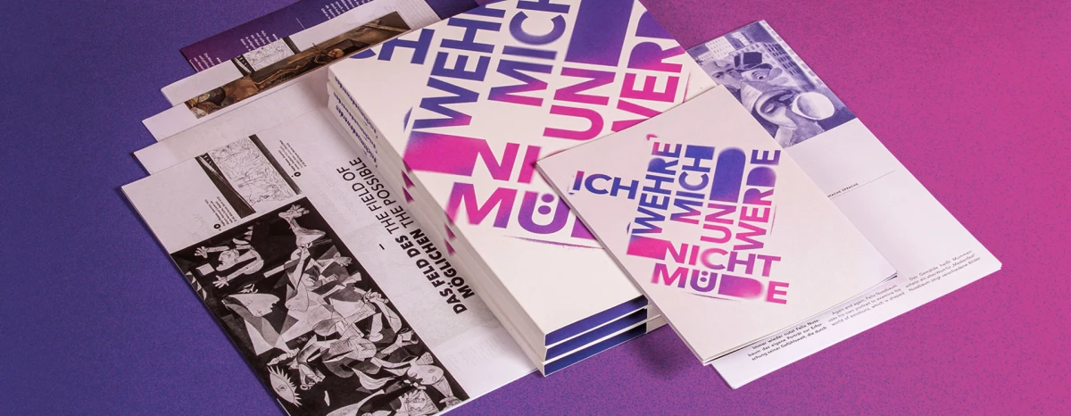 Catalog materials in various formats with purple and pink spray paint look elements