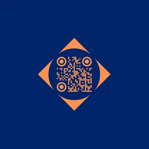 Kampagnen Signet in orange auf dem FHE Dunkelblau. Das Signet besteht aus dem QR Code, der zum Future Finder führt, umrandet von einem Fokus-Punkt-Element.