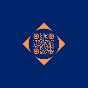 Campaign signet in orange on the FHE dark blue. The signet consists of the QR code that leads to the Future Finder, framed by a focus dot element.