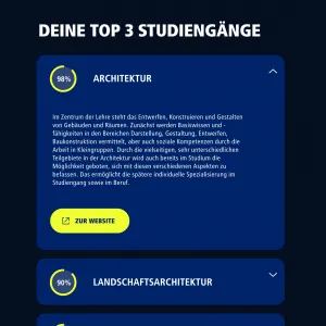 Smartphone Screen mit den Top 3 passendsten Ergebnissen des Future Finders. Mit den Dropdowns können weitere Informationen zu den vorgeschlagenen Studiengängen ausgeklappt werden.