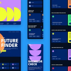 Desktop und Smartphone Screens zeigen das Color Coding der thematischen Sortierung der Studiengänge, die in Kacheln auf einem neutralen Dunkelblau platziert wurden