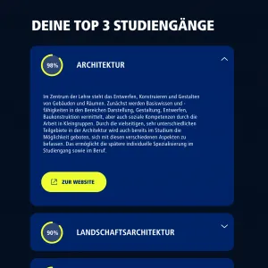 Smartphone Screen mit den Top 3 passendsten Ergebnissen des Future Finders. Mit den Dropdowns können weitere Informationen zu den vorgeschlagenen Studiengängen ausgeklappt werden.