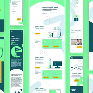 Desktop und Smartphone Screens zeigen die verschiedenen Illustrationen und interaktiven Elemente der Webseite