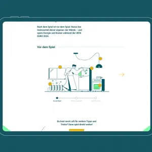 Interactive illustration on the website. On the household objects shown are buttons for more information and energy-saving tips