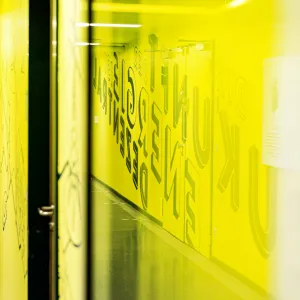 The striking yellow is also reflected in the glass doors in the corridor