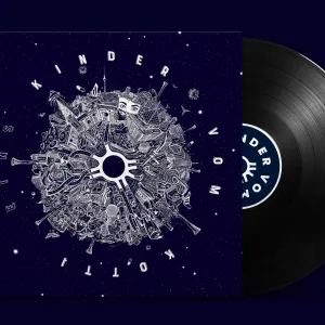 Plattencover mit der Illustration in weiß, auf dunkelblauen Hintergrund und dem Schriftzug 