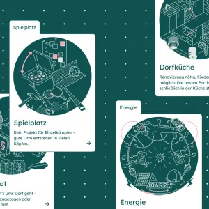 The project tiles each show a large themed illustration in a monochrome retro look. Below the illustration there is a short description of the project themes