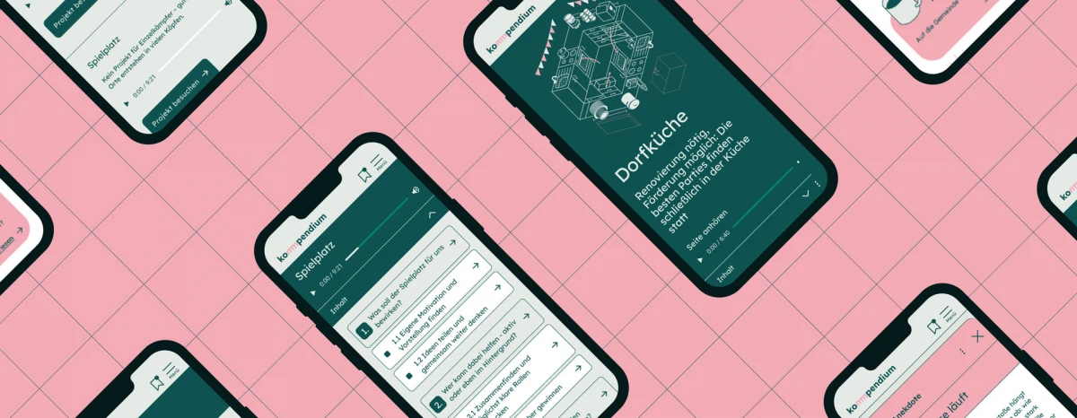 Various mobile screens show insights into the content modules, such as the table of content, the playlist view of the projects, the marginalia with additional information within a project and one information level deeper, a popover of a marginalia