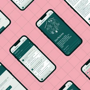 Verschiede mobile Screens zeigen Einblicke in die inhaltlichen Bausteine, wie das Inahtlsverzeichnis, die Playlistansicht der Projekte, die Marginalien mit zusätzlichen Informationen innerhalb eines Projekts und noch eine Informationsebene tiefer, ein Popover einer Marginalie