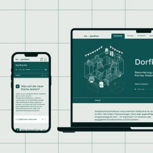 The mobile and desktop views of the Dorfküche project page show how the dark green header with monochrome illustration stands out strikingly from the rest of the light green project page. When scrolling on the page, the header collapses, while the fold-out table of contents of the page remains attached to the top of the screen