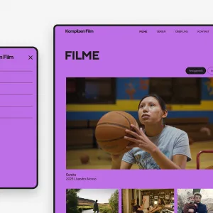 Screen with optimized mobile navigation and desktop screen with the film overview in a varying grid of film stills on a bright purple background