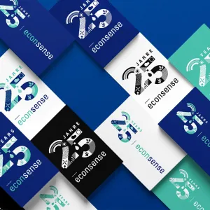 Verschiedene Farbvarianten des Jubiläumslogos ‚25 Jahre econsense‘ auf Kacheln angeordnet – mit stilisierten Nachhaltigkeitssymbolen und abwechslungsreichen Hintergründen in Blau, Schwarz, Weiß und Mint.