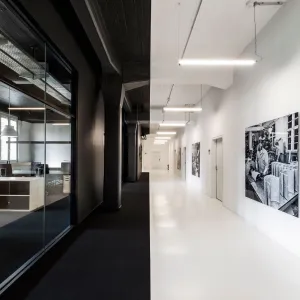 The high-contrast corridor, from a white and a black side of the hallway, divides the picture in the middle into two different colors