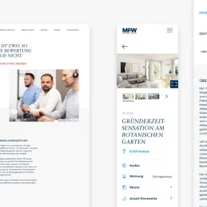 Website Screen mit Text über die Faktoren der Immobilienbewertung und zweiter Screen mit Immolbilienseite
