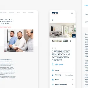 Website Screen mit Text über die Faktoren der Immobilienbewertung und zweiter Screen mit Immolbilienseite