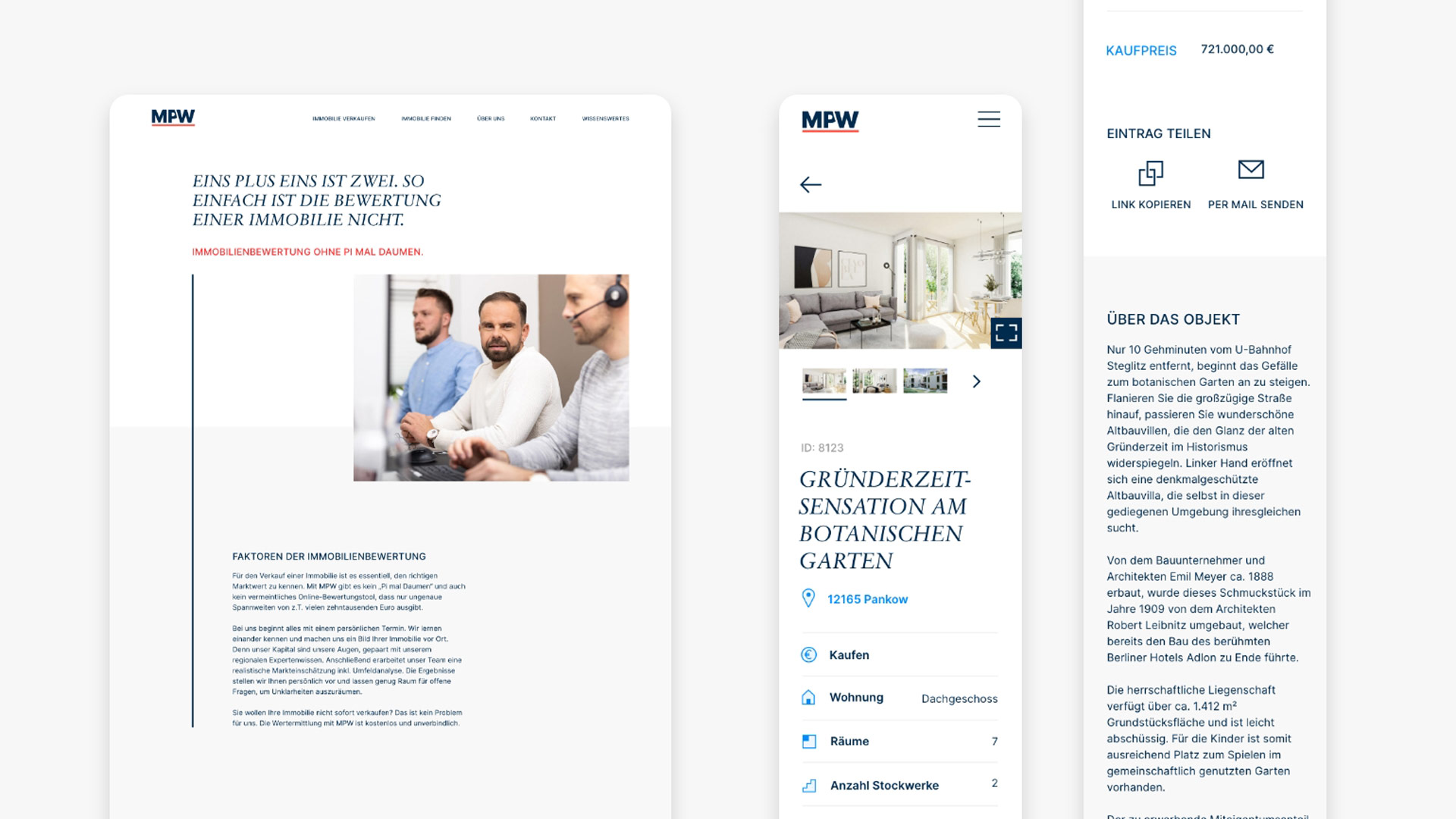 Website Screen mit Text über die Faktoren der Immobilienbewertung und zweiter Screen mit Immolbilienseite