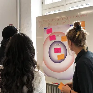 Es ist eine Situation aus dem Workshop mit Neuköllner Jugendlichen zu sehen. 3 Personen stehen vor einem Whiteboard