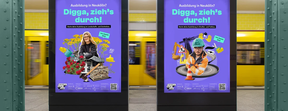 Auf zwei Werbeflächen auf einem Berliner U-Bahngleis sind die beiden Plakate mit den Kampagnen Motiven für Landschafts- und Gartenbau und Straßen- und Tiefbau zu sehen. Die vorherrschenden Gestaltungsfarben sind ein helles Türkis auf einem dunklen Lila.