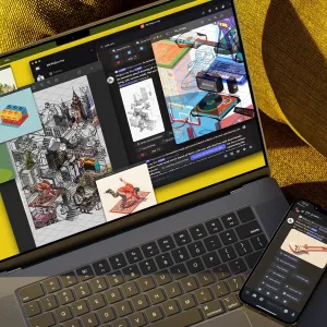 Ein aufgeklappter Laptop steht im Mittelpunkt und zeigt die Benutzeroberfläche von Midjourney innerhalb von Discord. Auf dem Bildschirm sind mehrere aktuell mit Midjourney generierte, isometrische Illustrationen zu sehen. Auf dem Laptop liegt ein iPhone, das ebenfalls die Midjourney-Oberfläche anzeigt. Das Bild vermittelt einen Einblick in den Entwurfsprozess für das „your space Projekt“.