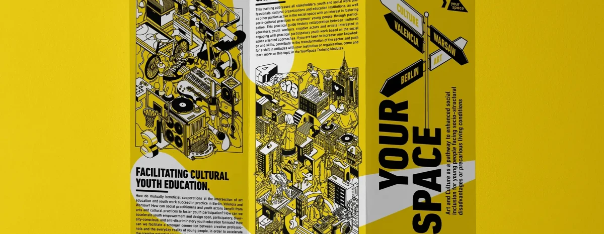 Flyer des europäischen Projekts „Your Space“ zur Förderung kultureller Jugendbildung in Berlin, Warschau und Valencia mit Illustrationen urbaner Räume und Themen wie Capacity Building und partizipativer Jugendkultur.