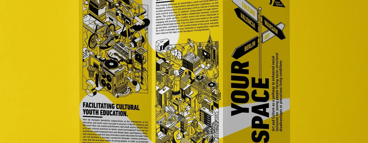 Flyer des europäischen Projekts „Your Space“ zur Förderung kultureller Jugendbildung in Berlin, Warschau und Valencia mit Illustrationen urbaner Räume und Themen wie Capacity Building und partizipativer Jugendkultur.