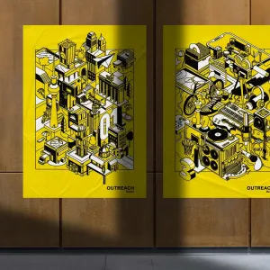 Zwei gelbe Poster mit schwarz-weißen, isometrischen Linienillustrationen von Personen, Städten und Aktivitäten hängen nebeneinander an einer modernen Fassade aus rostigem Cortenstahl. Die Plakate werben für das „your space Projekt“ von outreach.berlin, das kulturelle Jugendbildung fördert. Sanftes Licht und das Schattenspiel der Gebäude unterstreichen die minimalistische Optik der Szene