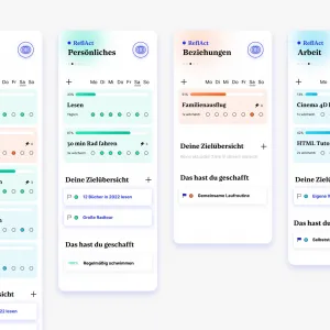 Screens with overviews of the three categories and their sorted habits
