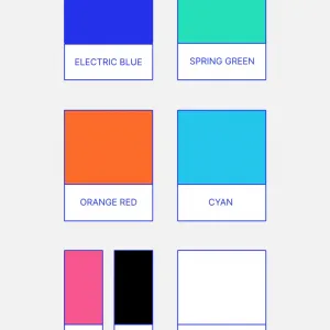 Farben aus dem Design System der App: Leuchtendes Blau, Grün, Cyan, Orange und Akzenten in Pink und Schwarz