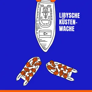 Illustrierte Boote in der Vogelpersektive. Zwei Boote mit geflüchteten Personen stehen gegenüber der libyschen Küstenwache