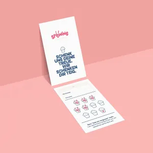 Printed loyalty cards, with small Cookie Dough cups that can be stamped with the Spooning Dough spoon logo