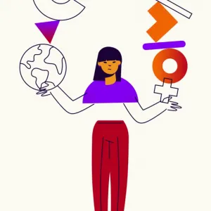 Illustration einer asiatischen Frau, welche viele geometrische Formen in ihren Händen balanciert